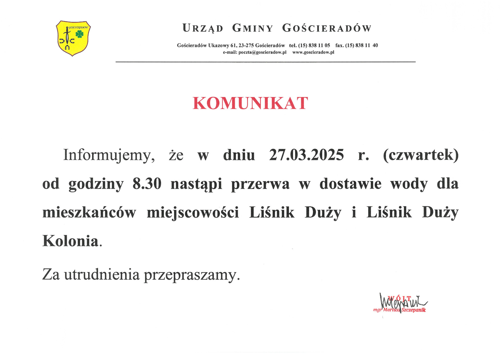 Zdjęcie komunikatu o przerwie w dostawie wody