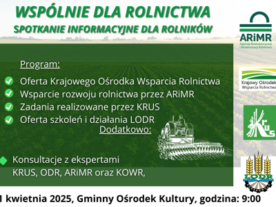 Zdjęcie plakatu dot. spotkania dla rolników – WSPÓLNIE DLA ROLNICTWA