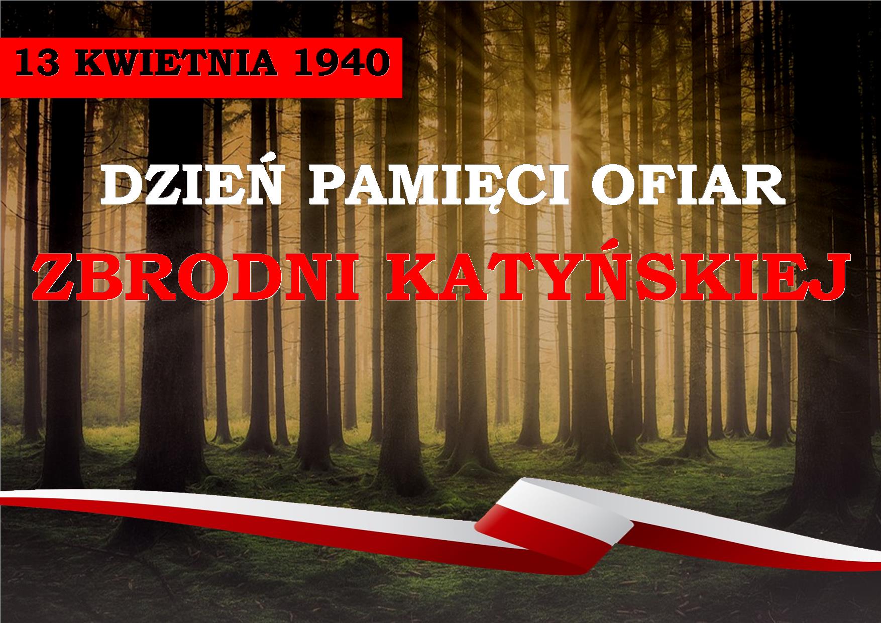 Zdięcie lasu i flagi Polski z okazji Dnia Pamięci Ofiar Zbrodni Katyńskiej