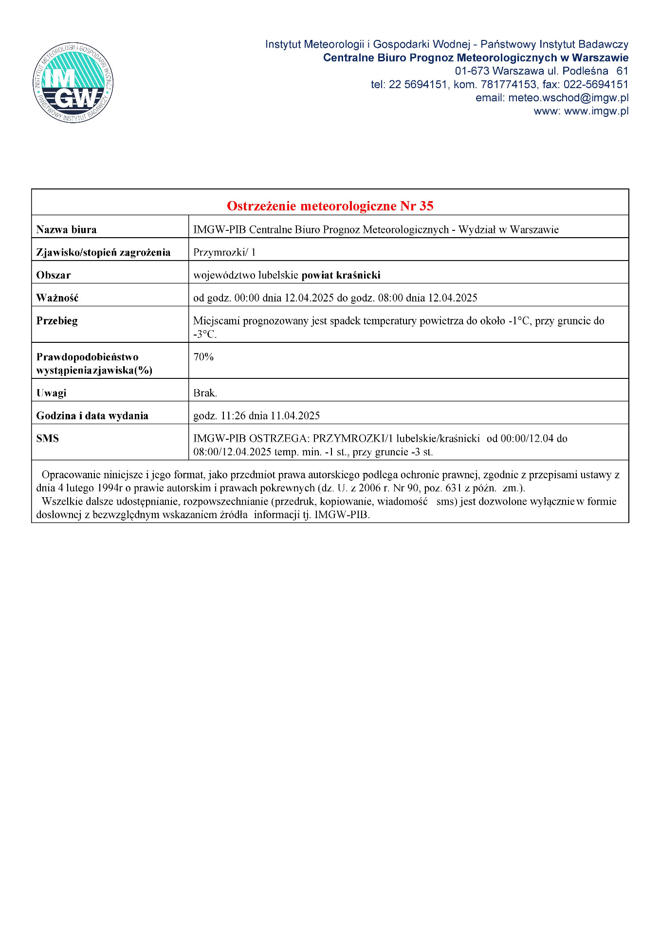 Zdjęcie ostrzeżenia meteorologicznego
