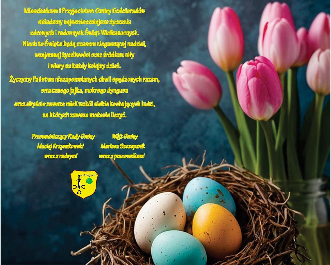 Grafika przedstawiajaca tulipany, kosz z pisankami oraz treść życzeń