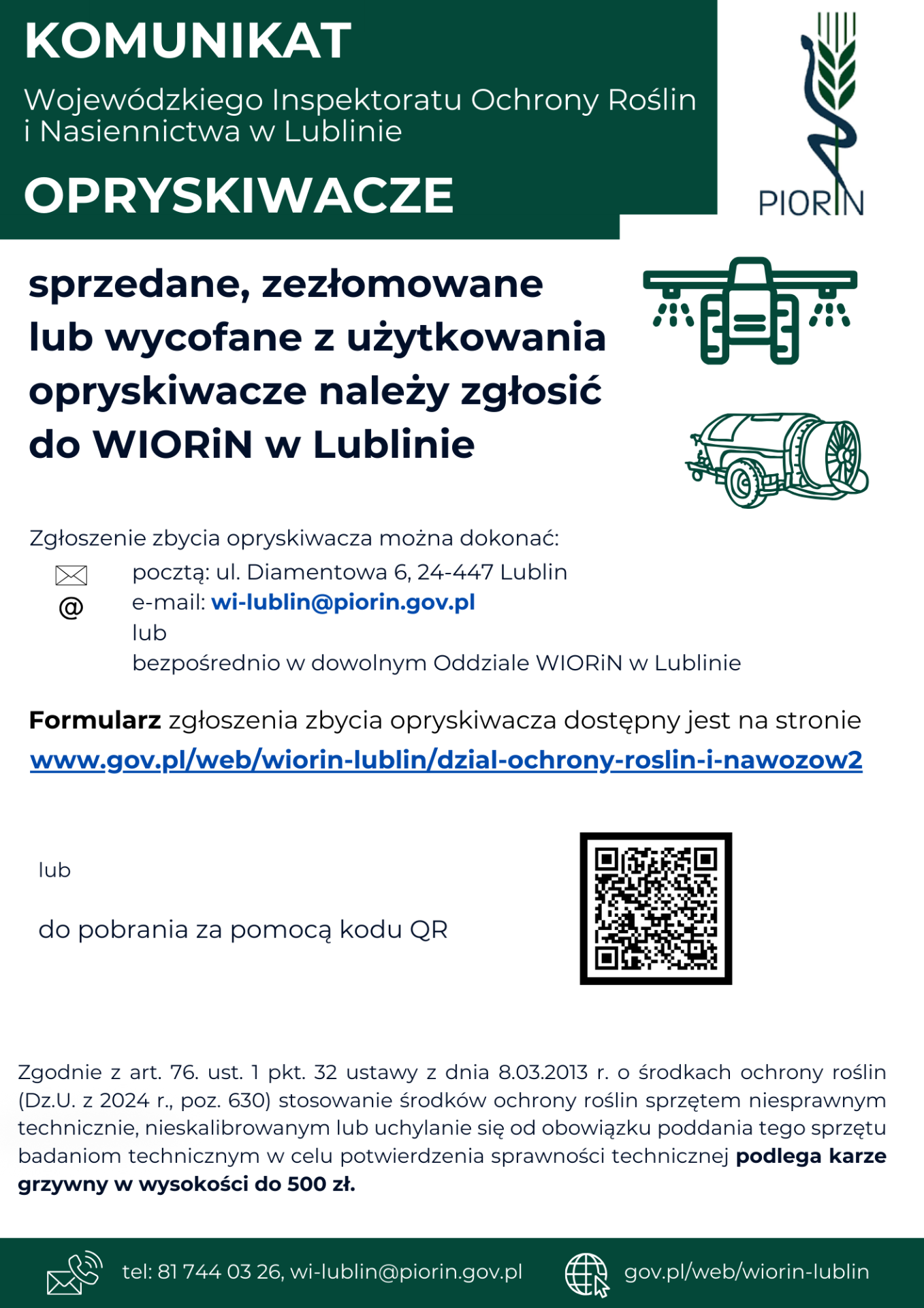 Zdjęcie komunikatu dotyczącego nie używanego sprzętu do stosowania środków ochrony roślin