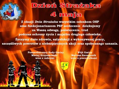 Zdjęcie płomieni i grafiki strażaków wraz z życzeniami z okazji Dnia Strażaka