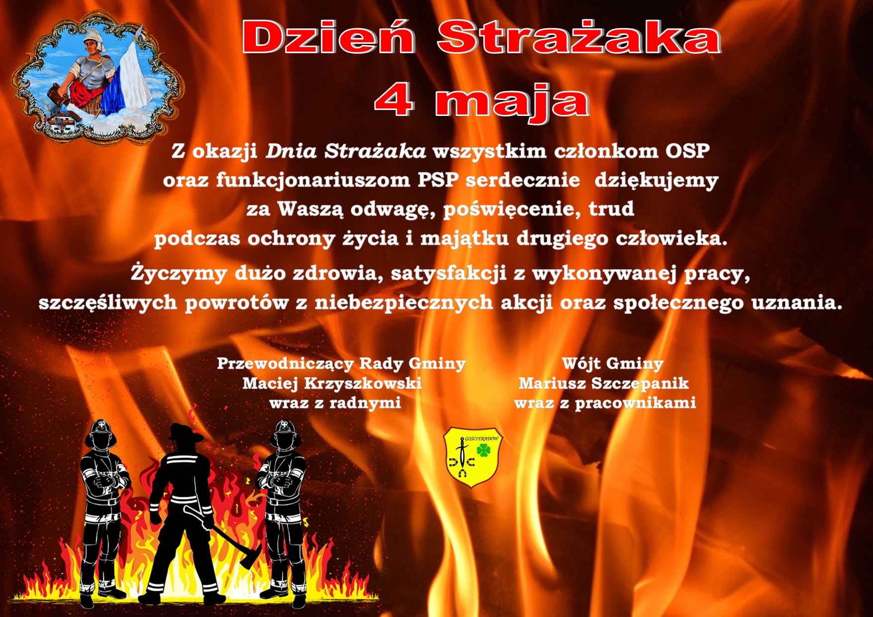 Zdjęcie płomieni i grafiki strażaków wraz z życzeniami z okazji Dnia Strażaka