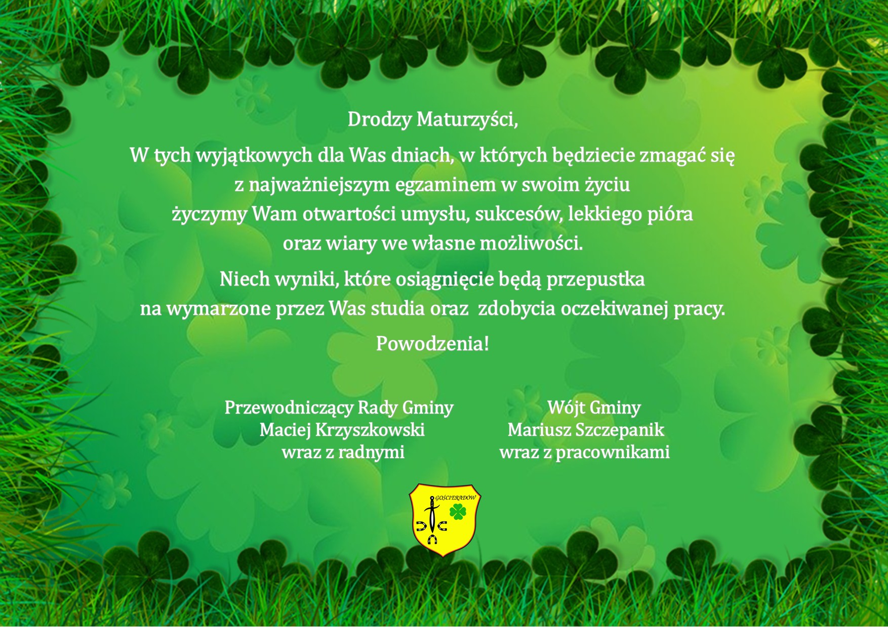 Zdjęcie koniczyn z życzeniami dla maturzystów