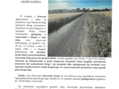 Zdjęcie komunikatu dotyczącego szanowania dróg wraz ze zdjęciem drogi