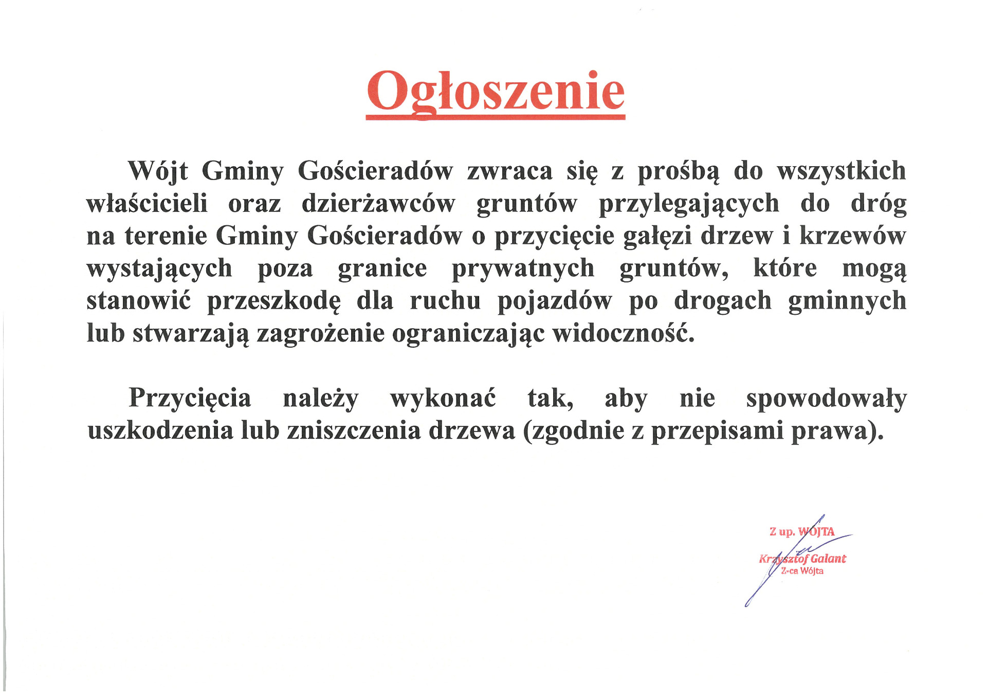 Zdjęcie ogłoszenia dotyczącego przycinania drzew i krzewów przy drodze