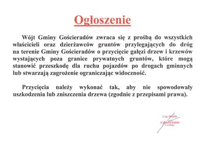 Zdjęcie ogłoszenia dotyczącego przycinania drzew i krzewów przy drodze