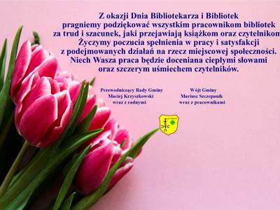 Zdjęcie tulipanów z życzeniami z okazji Dnia Bibliotekarza i Bibliotek