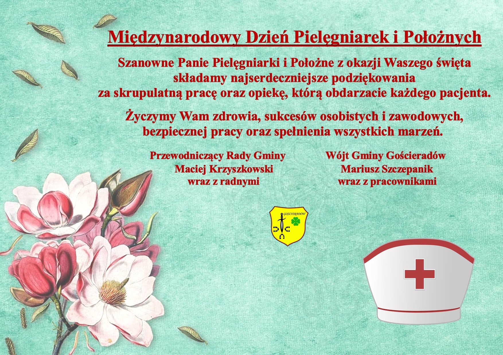 Zdjęcie kwiatu i życzeń z okazji Międzynarodowego Dnia Pielęgniarek