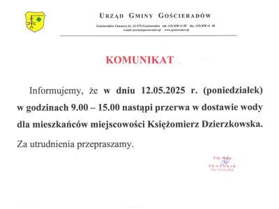 Zdjecie informacji dotyczącej przyrwy w dostawie wody