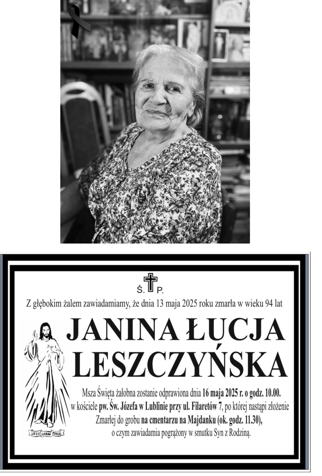 Zdjęcie nekrologu ze zdjęciem Janiny Leszczyńskiej