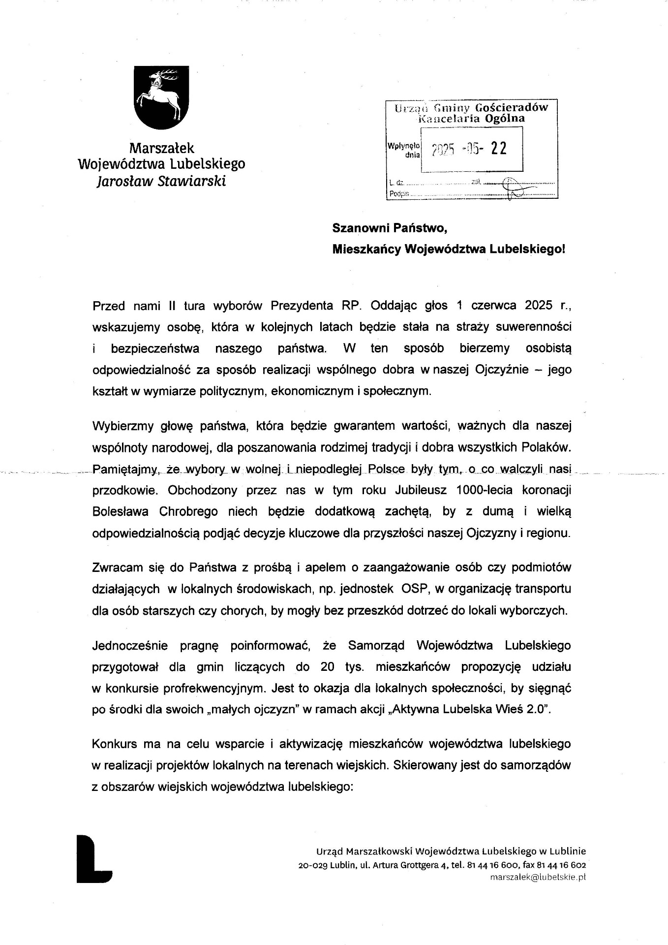 Zdjęcie pisma Marszałka Województwa Lubelskiego