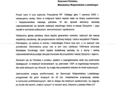 Zdjęcie pisma Marszałka Województwa Lubelskiego
