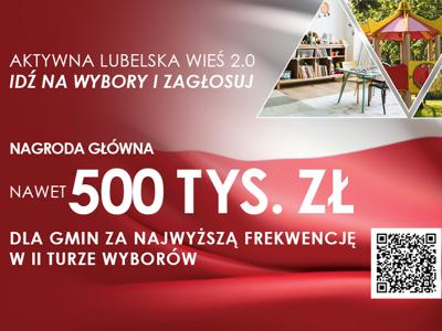 Zdjęcie flagi polski i informacji o konkursie profrekwencyjnym „Aktywna Lubelska Wieś 2.0”