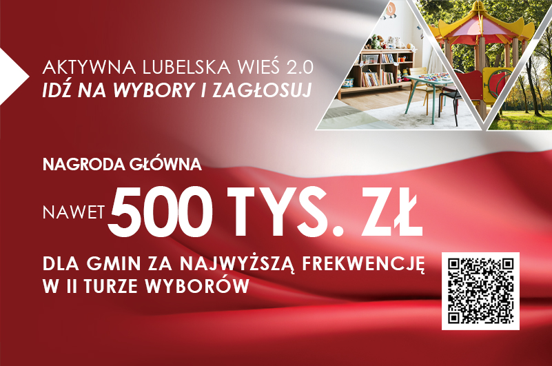 Zdjęcie flagi polski i informacji o konkursie profrekwencyjnym „Aktywna Lubelska Wieś 2.0”