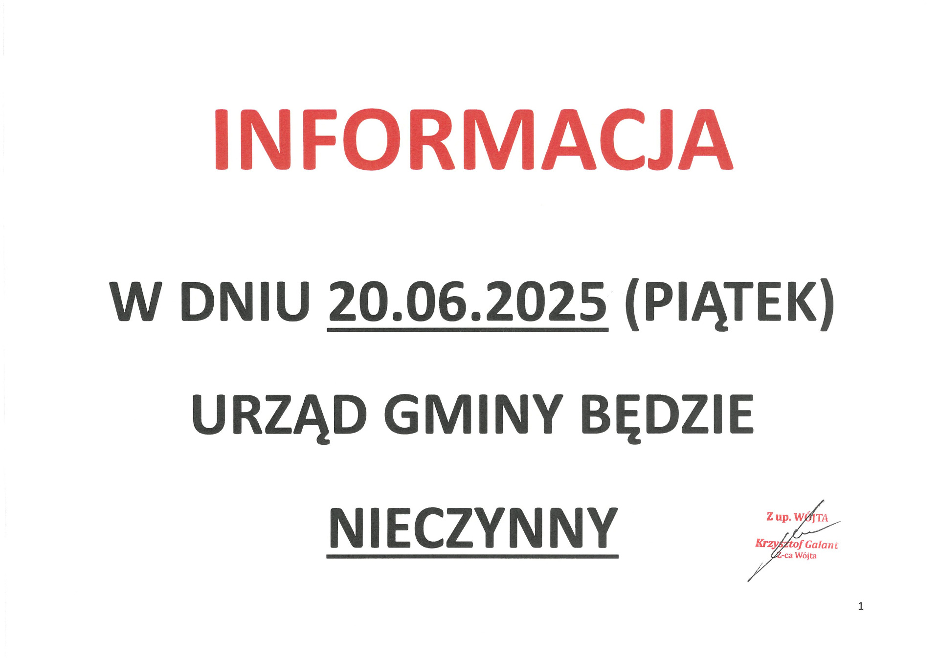 Zdjęcie informacji - Urząd Gminy nieczynny