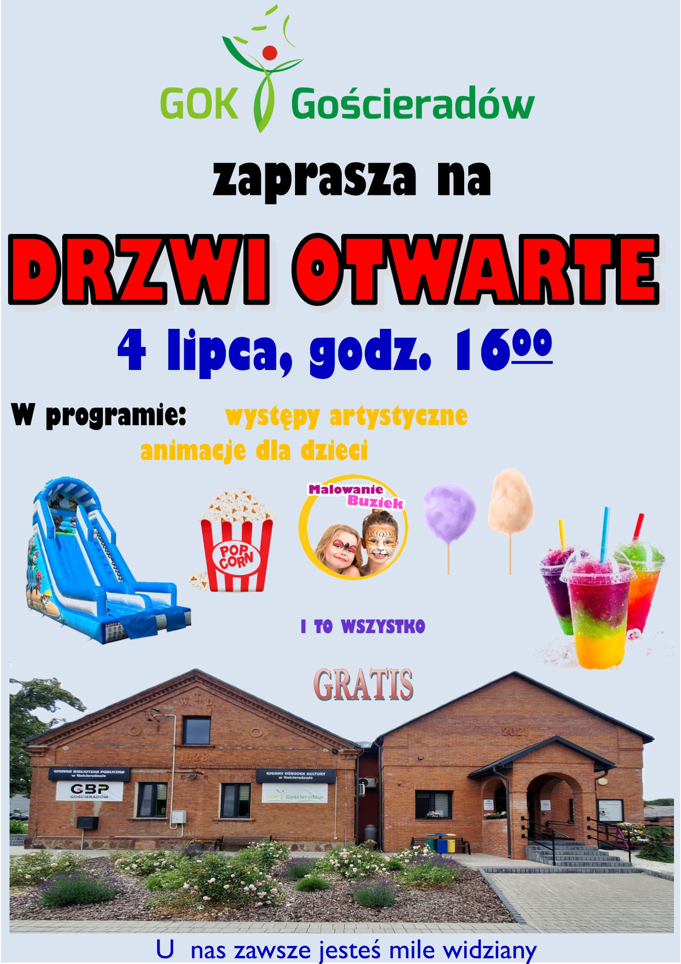 Zdjęcie plakatu z budynkiem GOK-u w Gościeradowie