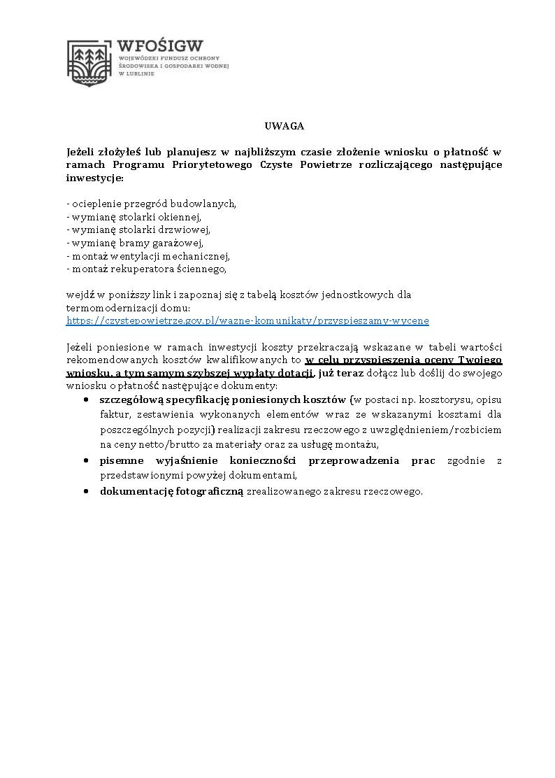 Zdjecie komunikatu dotyczącego wniosku o płatność w ramach Programu Priorytetowego Czyste Powietrze