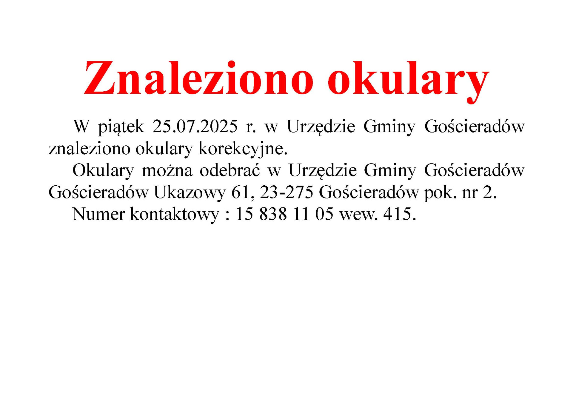 Zdjęcie informacji o znalezionych okularach