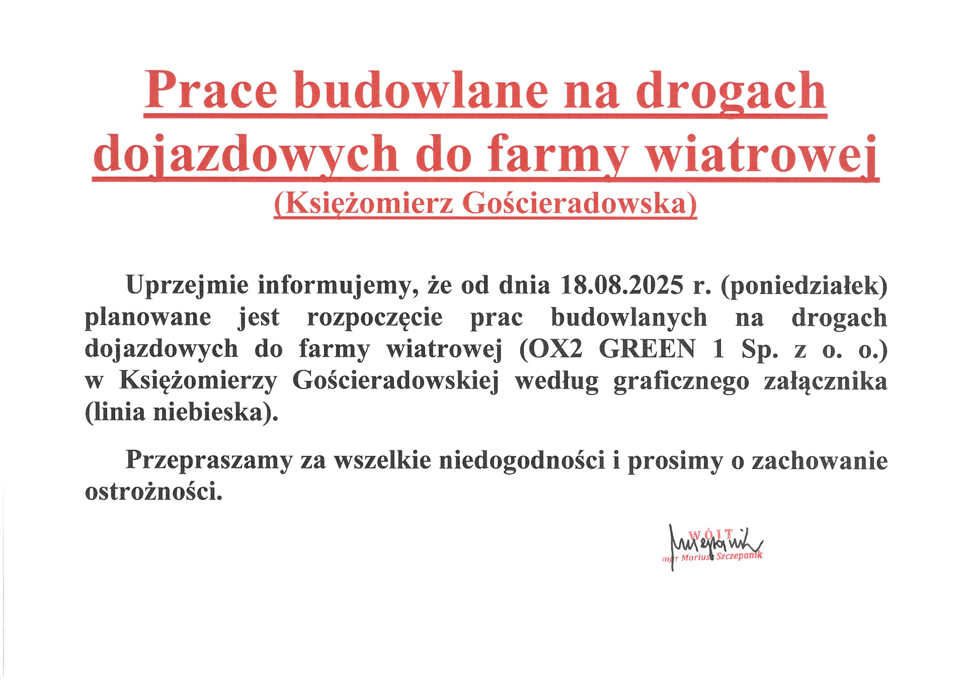 Zdjęcie informacji o planowanych pracach budowlanych