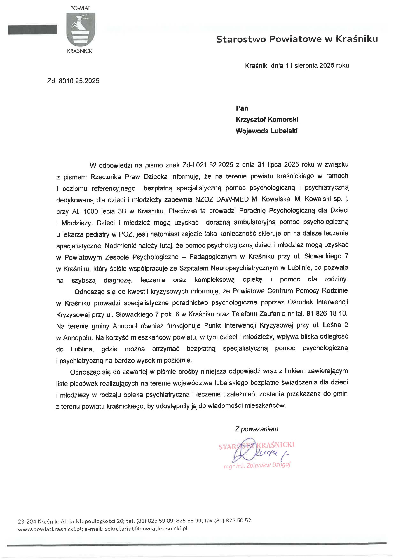 Zdjęcie pisma Starosty Kraśnickiego