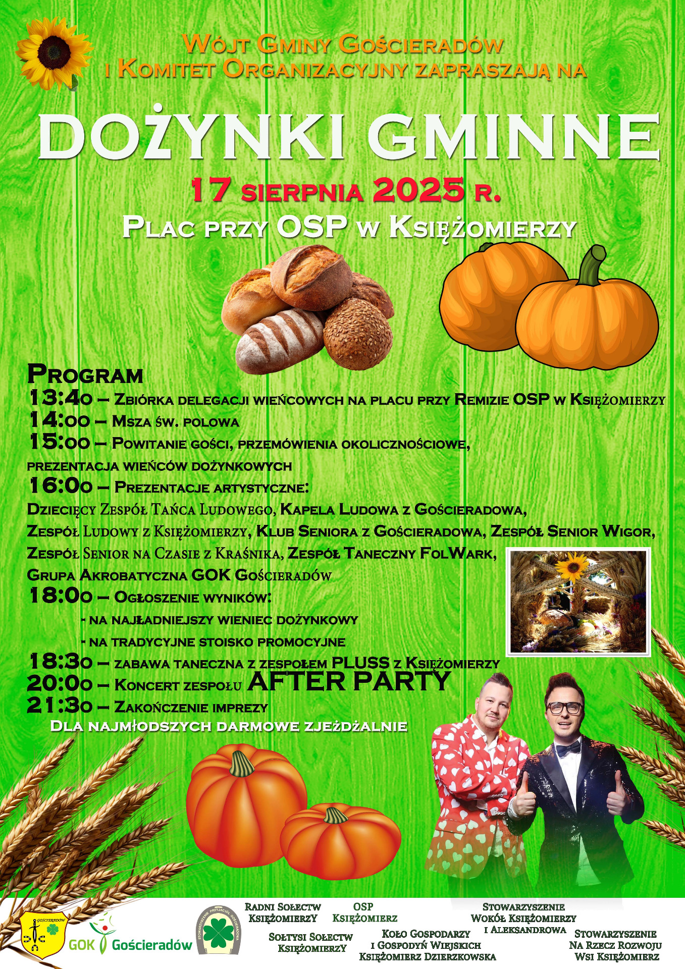 Zdjęcie plakatu dożynkowego ze zbożem dyniami, pieczywem i zdjęciem zespołu