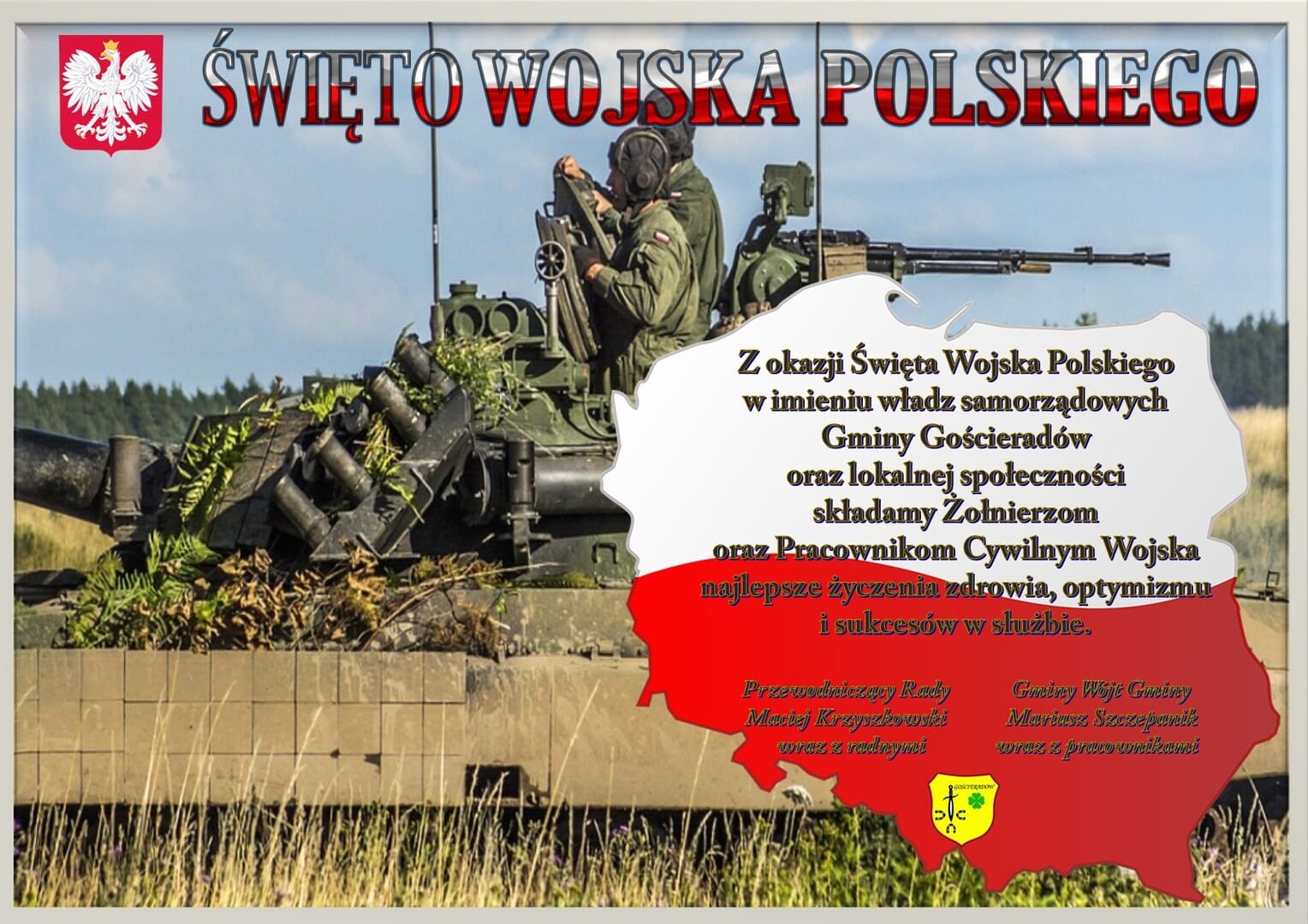 Zdjęcie czołgu z żołnierzami i barwami flagi Polski