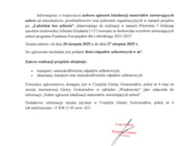 Zdjęcie informacji dotyczącej naboru zgłoszeń lokalizacji materiałów zawierających azbest