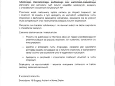 Zdjęcie komunikatu dot. wzmożonego ruchu pojazdów wojskowych