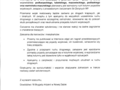 Zdjecie komunikatu dotyczącego wzmożonego ruchu pojazdów wojskowych