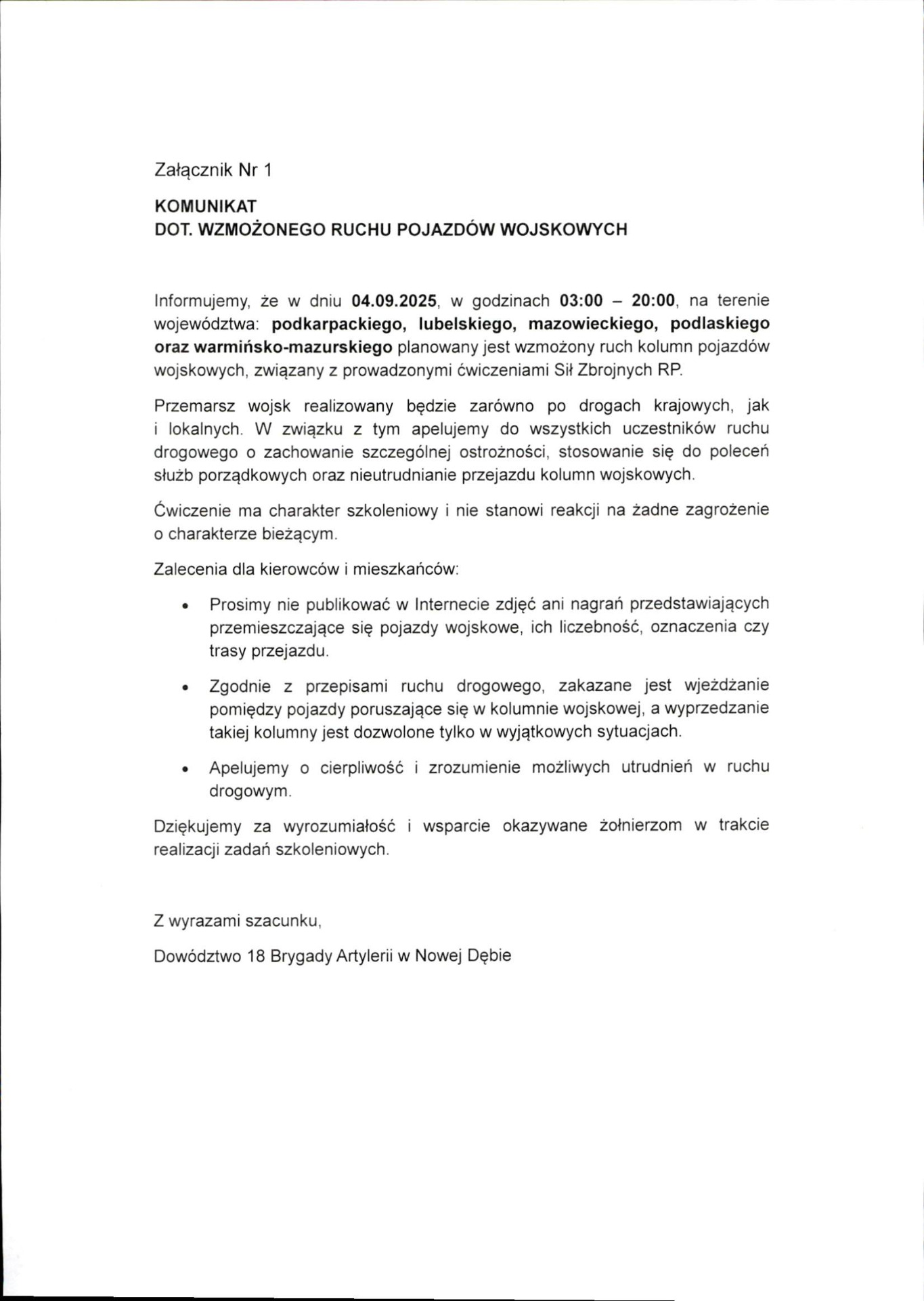 Zdjecie komunikatu dotyczącego wzmożonego ruchu pojazdów wojskowych