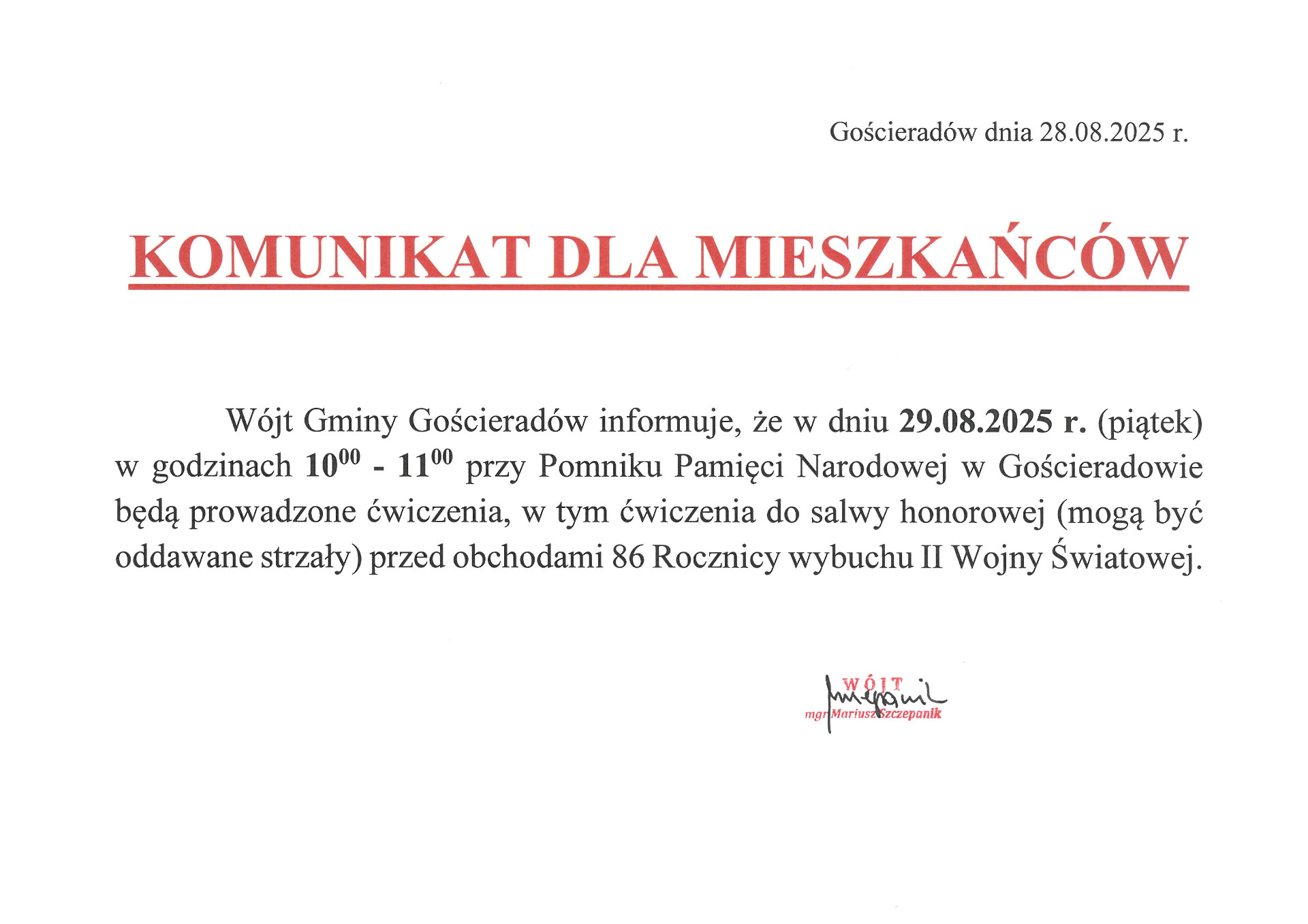 Zdjęcie komunikatu  o ćwiczeniach przed obchodami