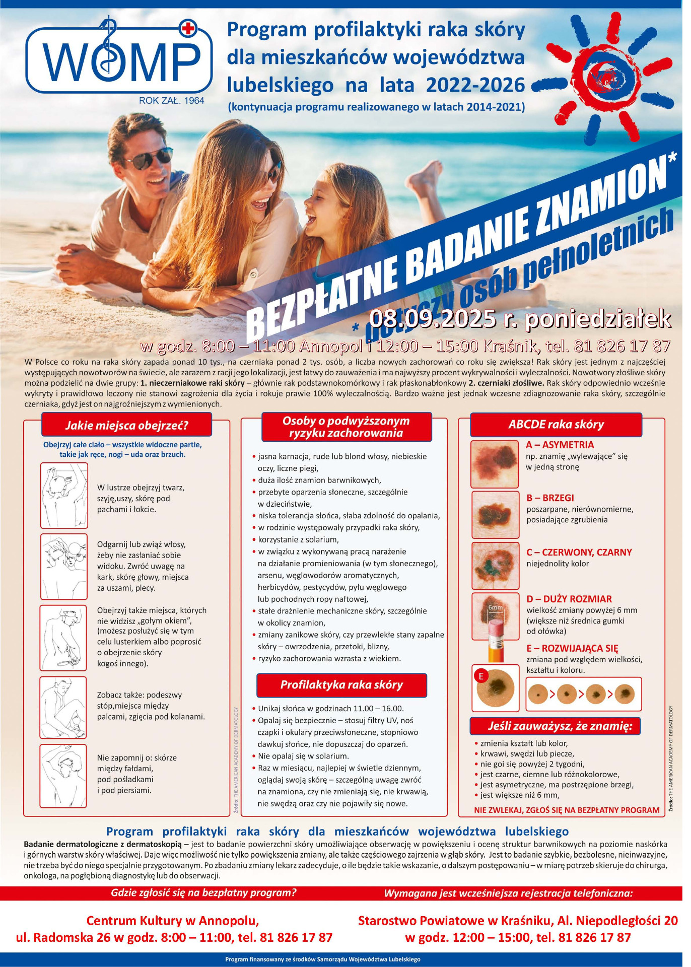 Zdjęcie plakatu dotyczącego bezpłatnego badania znamion