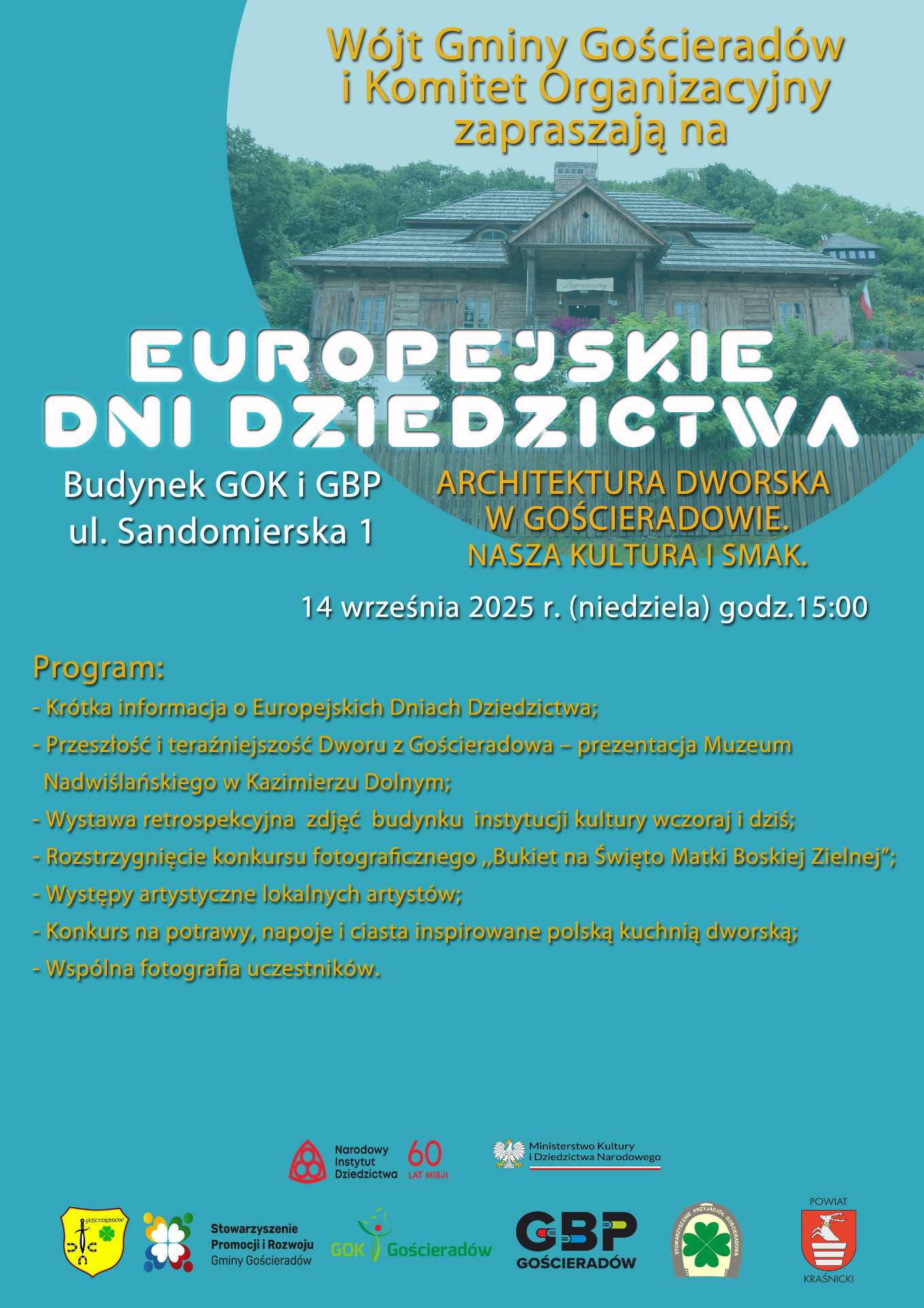 Zdjęcie plakatu Europejskich Dni Dziedzictwa ze zdjęciem dworu
