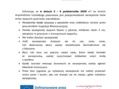 Zdjęcie komunikatu dotyczącego jesiennej akcji szczepień lisów przeciwko wściekliźnie
