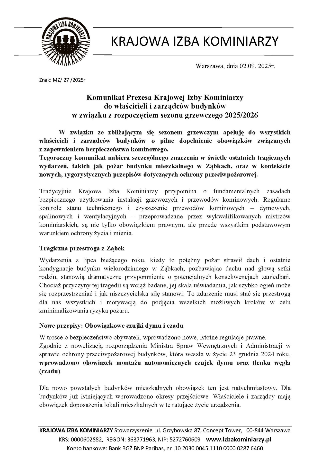 Zdjęcie komunikatu Prezesa Krajowej Izby Kominiarzy