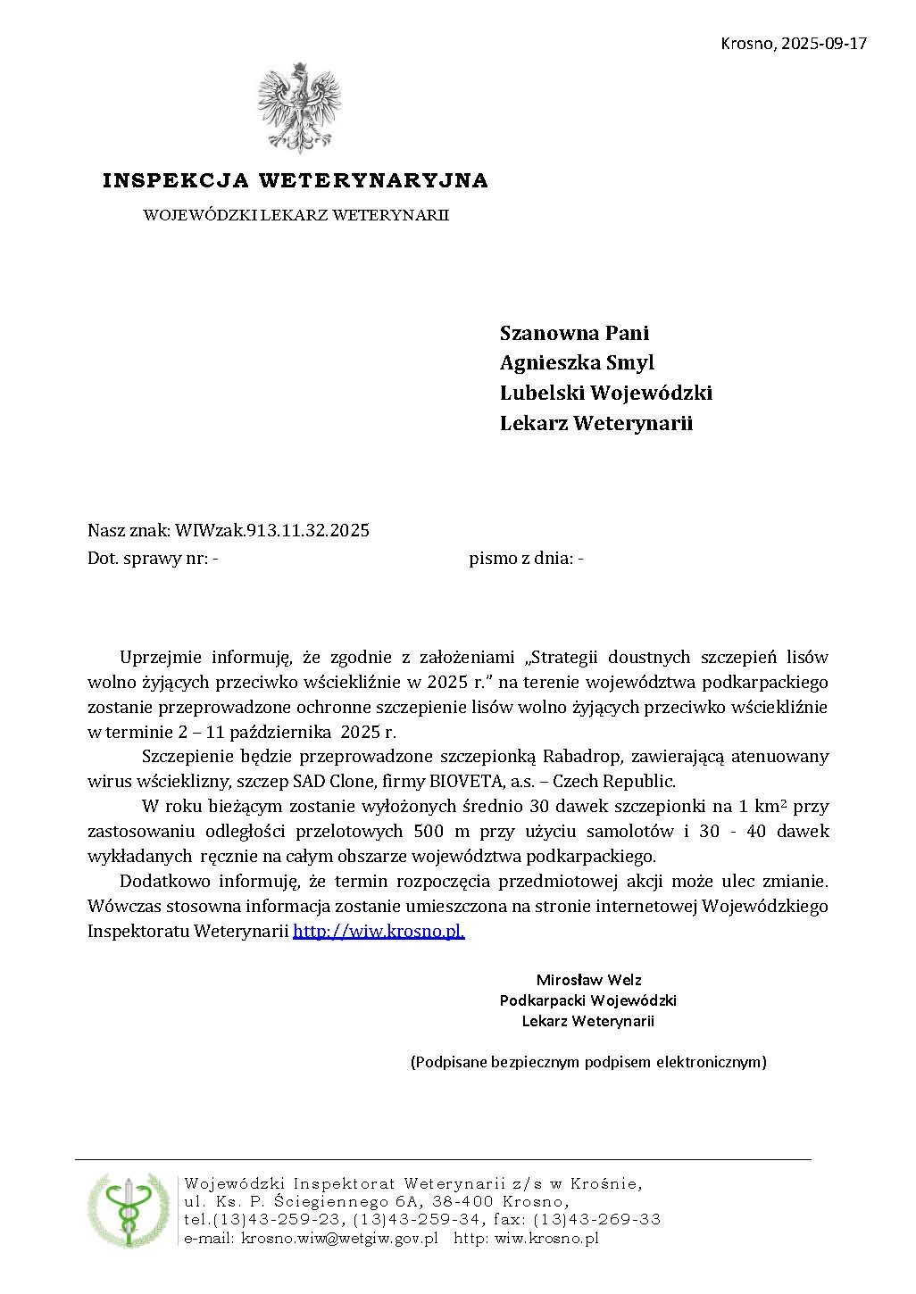 Zdjęcie pisma dotyczącego szczepień lisów
