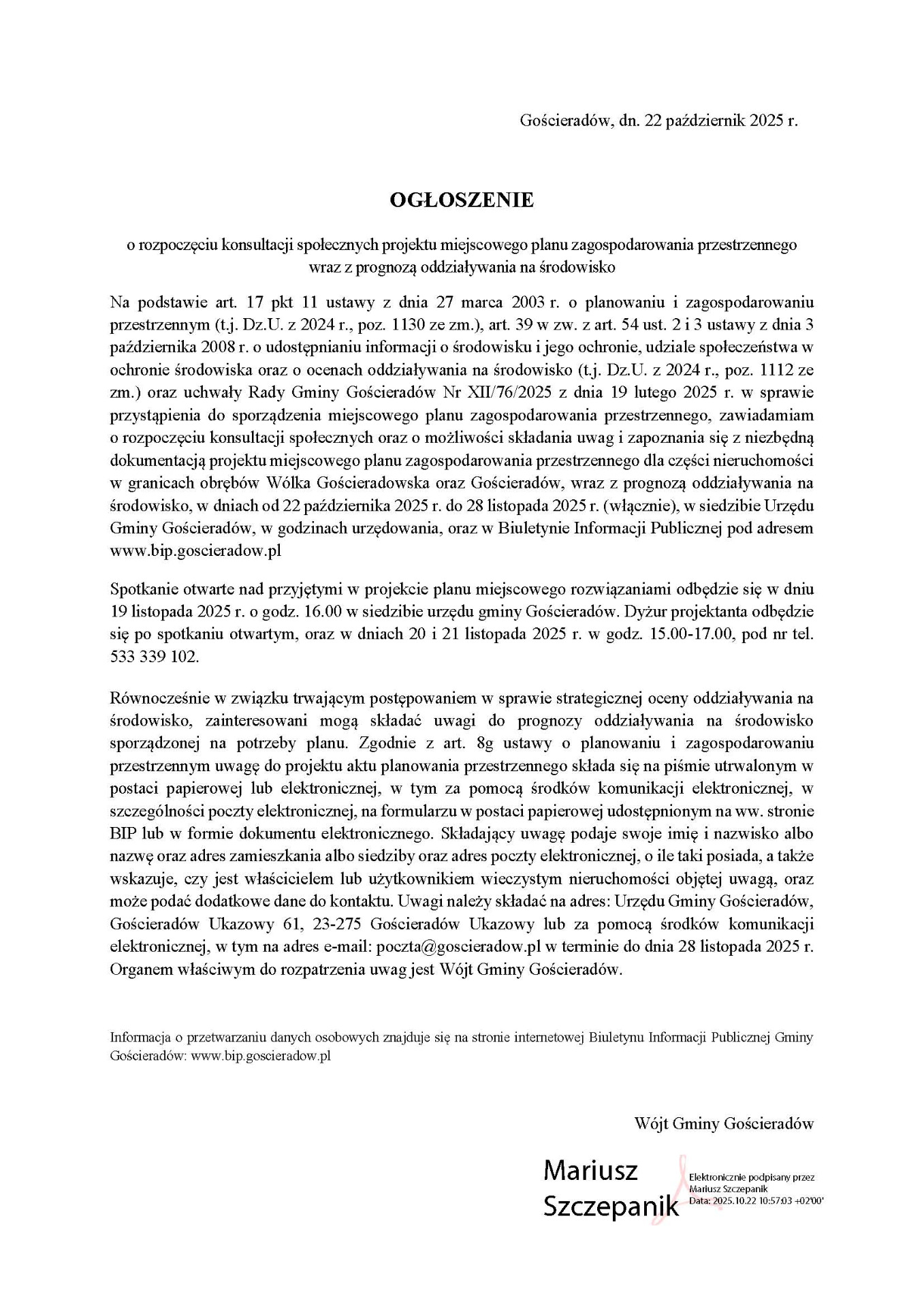 Zdjęcie ogłoszenia o rozpoczęciu konsultacji społecznych projektu miejscowego planu zagospodarowania przestrzennego wraz z prognozą oddziaływania na środowisko