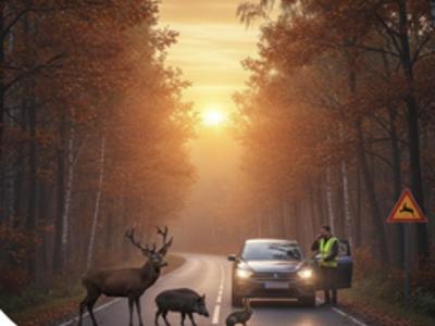 Zdjęcie zwierząt i samochodu z kierowcą na drodze w lesie