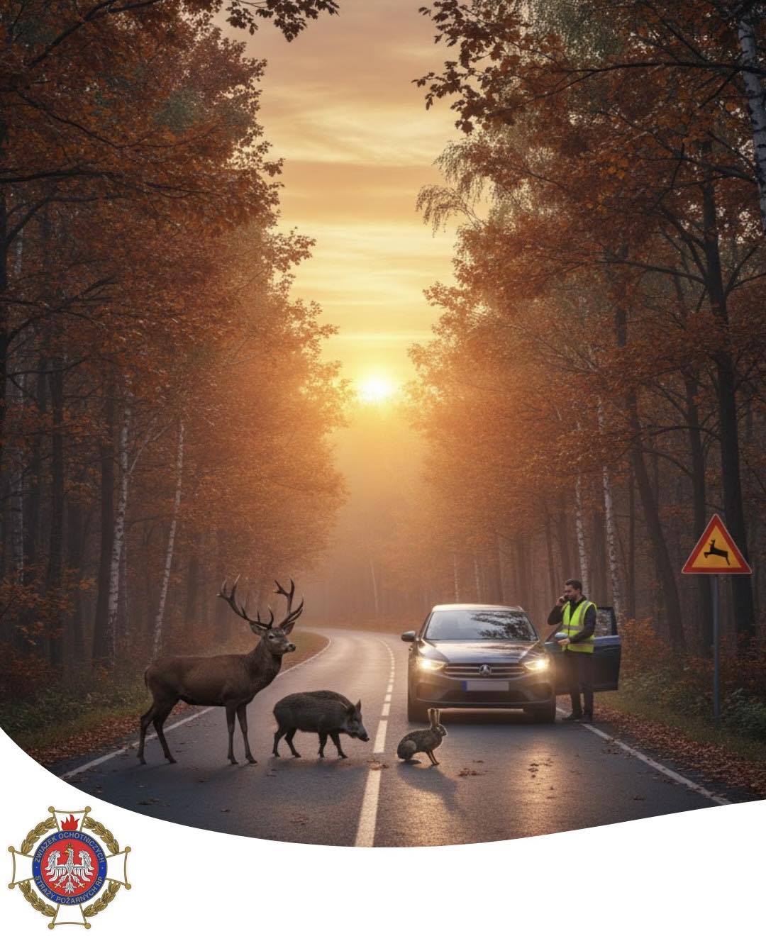 Zdjęcie zwierząt i samochodu z kierowcą na drodze w lesie