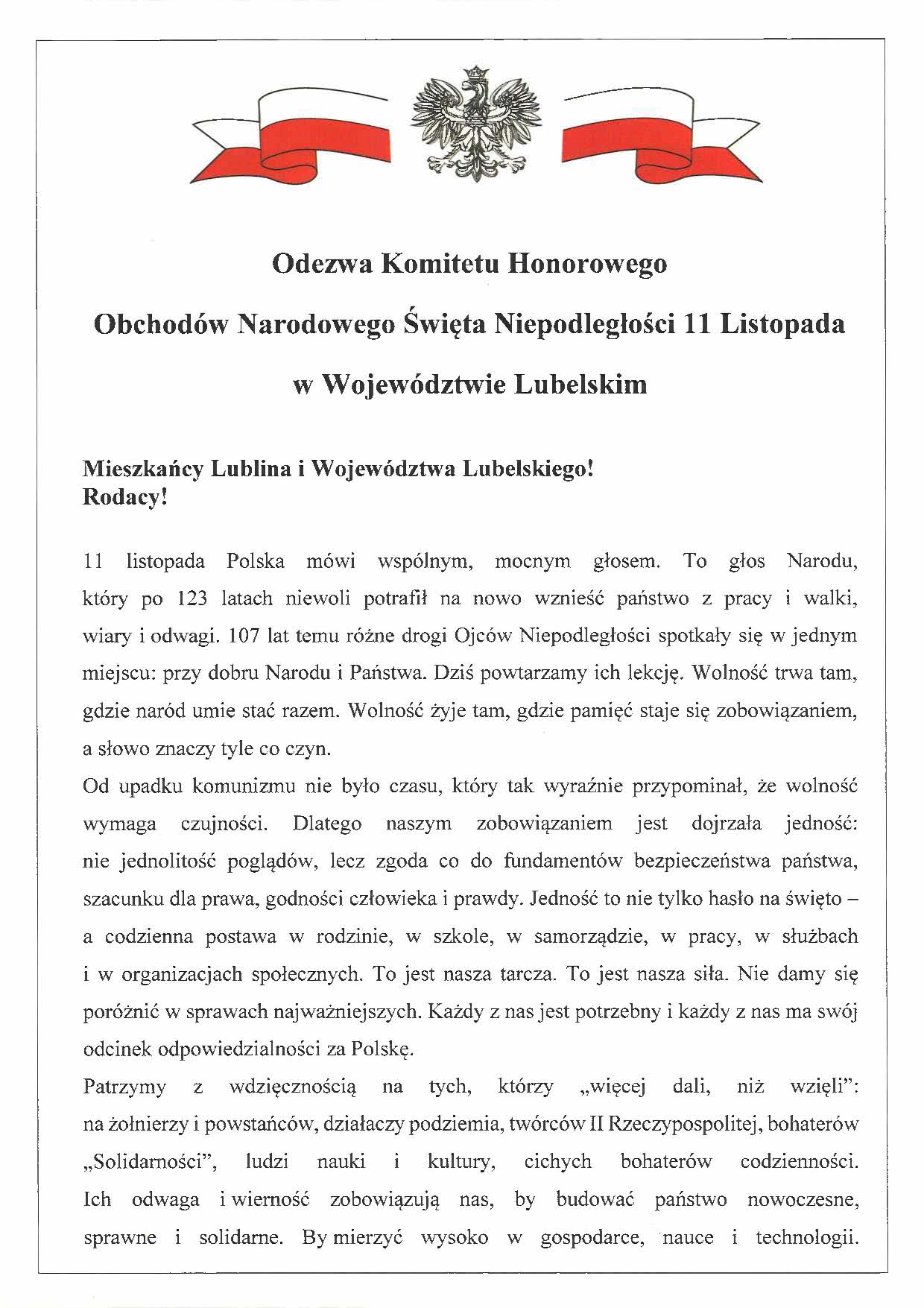 Zdjęcie odezwy Narodowego Święta Niepodległości 2025 rok