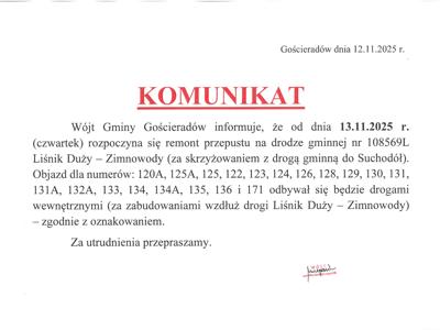 Zdjęcie komunikatu dotyczącego objazdu w miejscowości Liśnik Duży