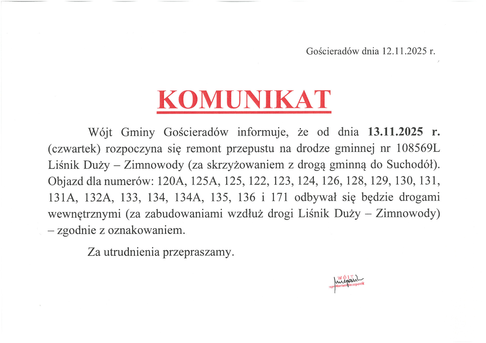 Zdjęcie komunikatu dotyczącego objazdu w miejscowości Liśnik Duży