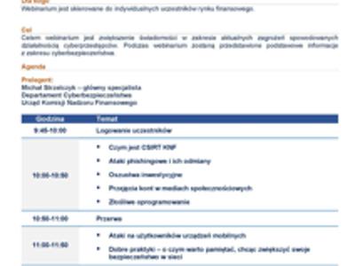 Zdjęcie programu webinarium CEDUR „Najnowsze sposoby działania cyberoszustów – czyli jak nie dać się okraść w Internecie"