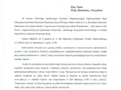 Zdjęcie pisma dotyczącego Akcji Charytatywnej ,,Pomóż Dzieciom Przetrwać Zimę"