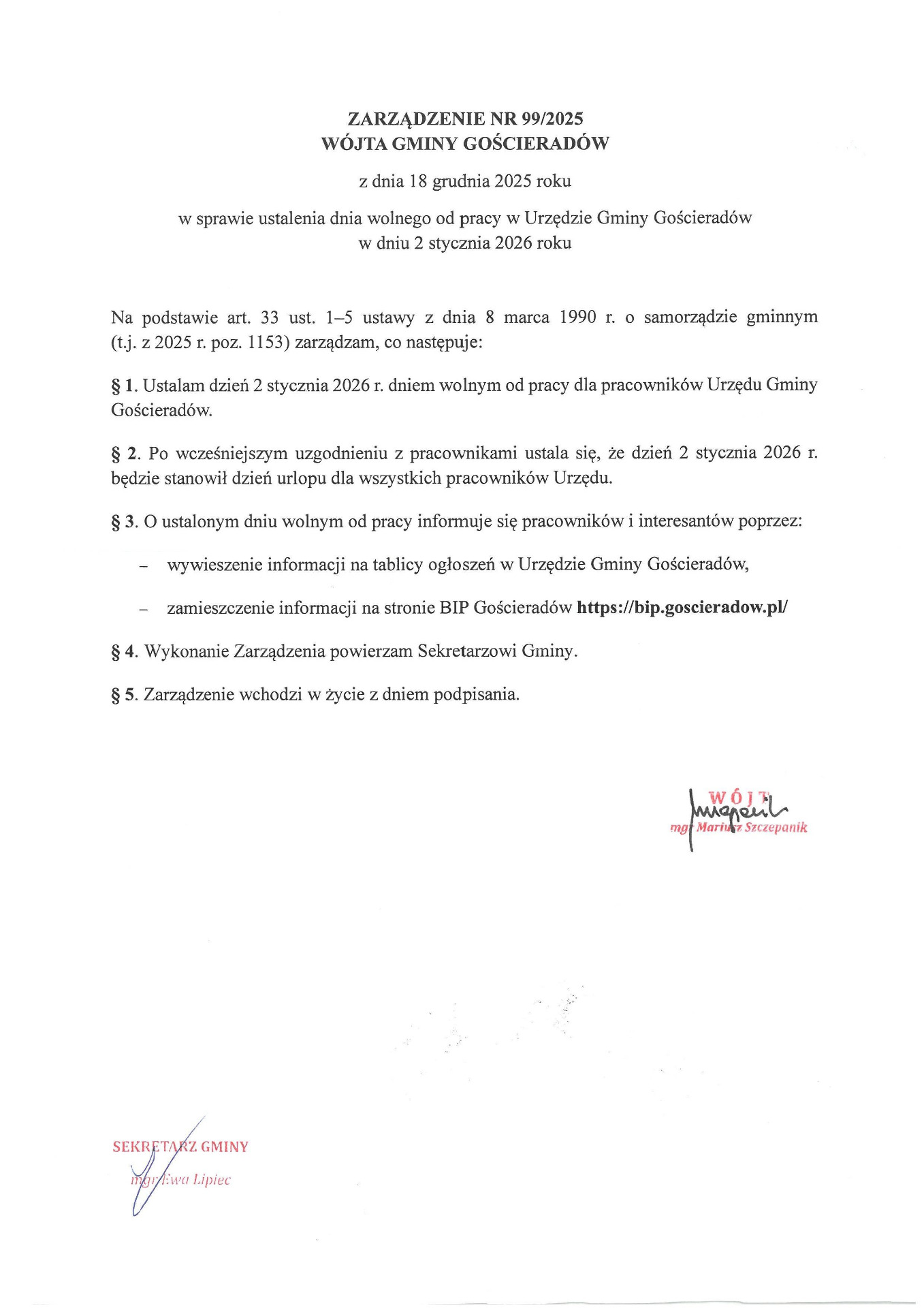 Skan/obraz dokumentu przedstawiajacego treść zarządzenia