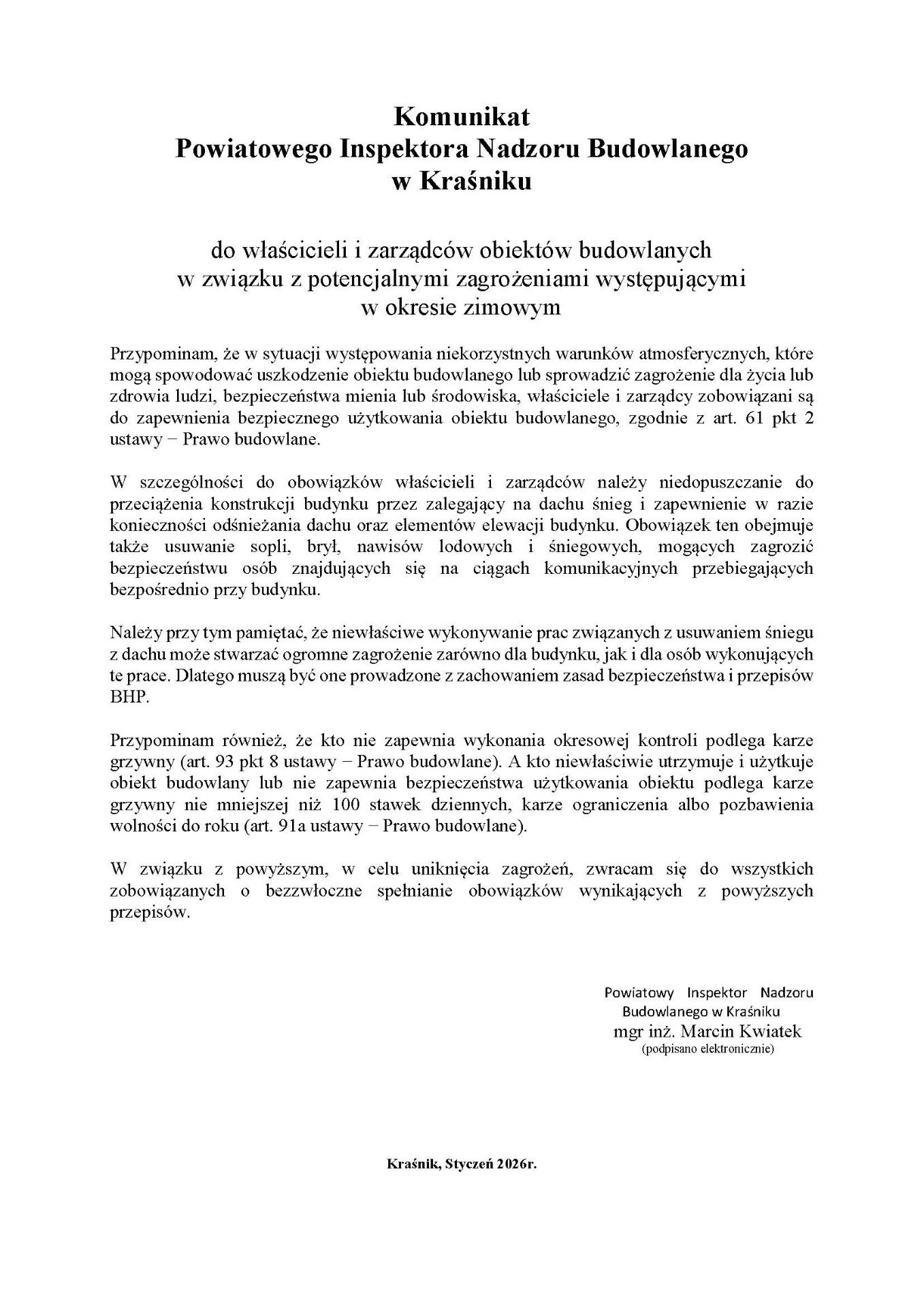 Zdjęcie komunikatu Powiatowego Inspektora Nadzoru Budowlanego w Kraśniku