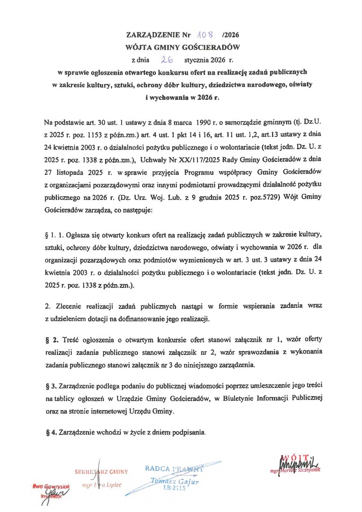 Zdjęcie zarządzenia WÓJTA GMINY GOŚCIERADÓW