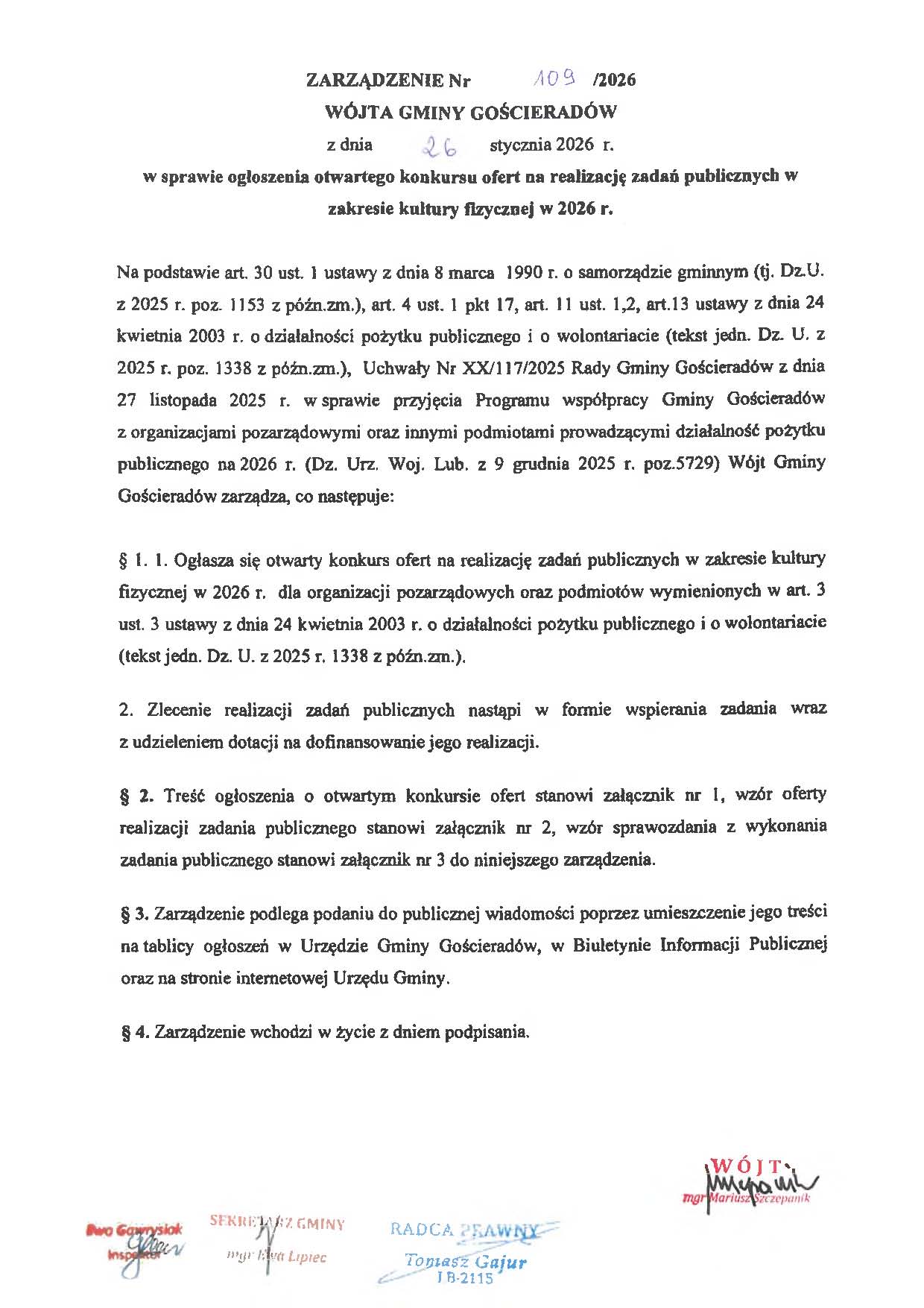 Zdjęcie zarządzenia WÓJTA GMINY GOŚCIERADÓW